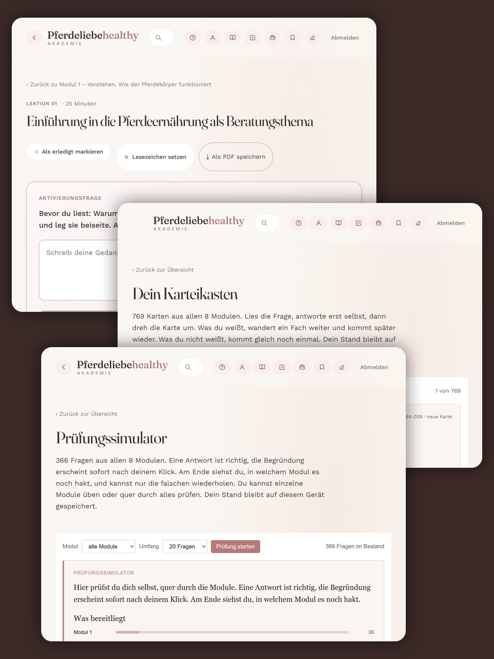 Blick in die Akademie: eine Lektion, der Karteikasten und der Prüfungssimulator