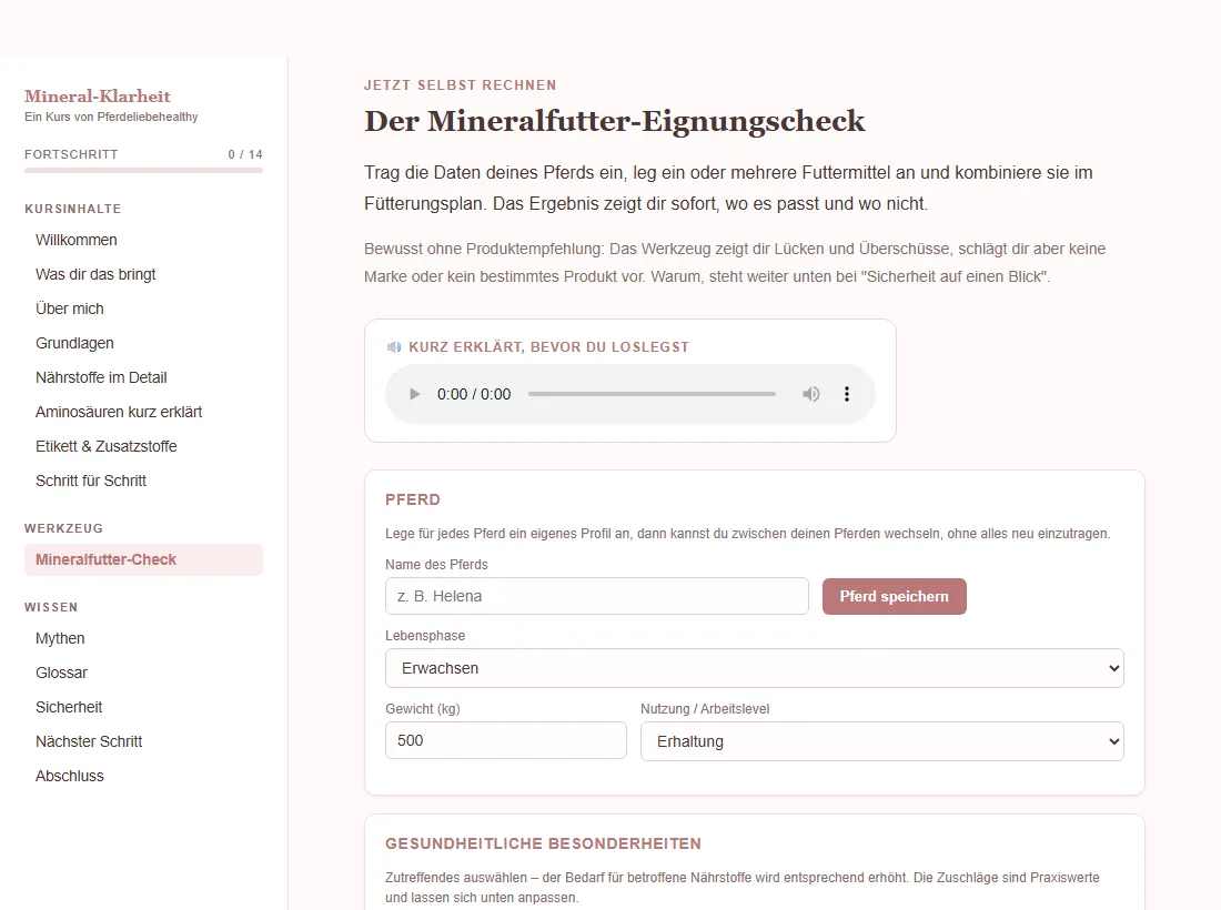 Der Mineralfutter-Eignungscheck im Kurs: Eingabefelder für Name, Lebensphase, Gewicht und Nutzung des Pferds
