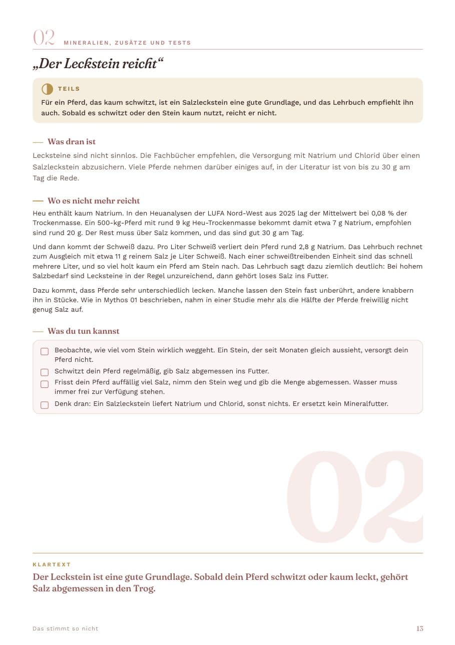 Seite aus dem E-Book: Mythos 02, Der Leckstein reicht, mit Urteil Teils, Erklärung, Liste zum Abhaken und Klartext