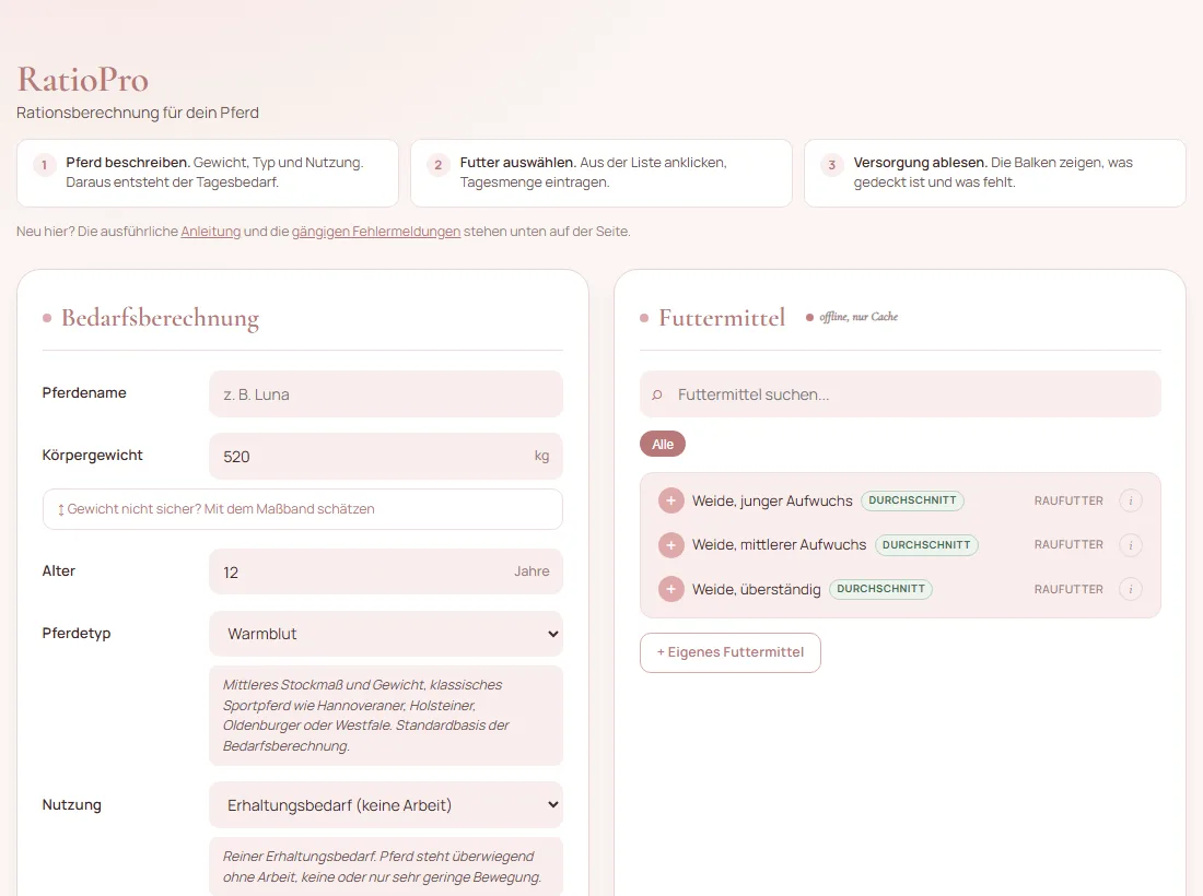 RatioPro mit den Angaben zum Pferd links und der Futtermittelliste rechts