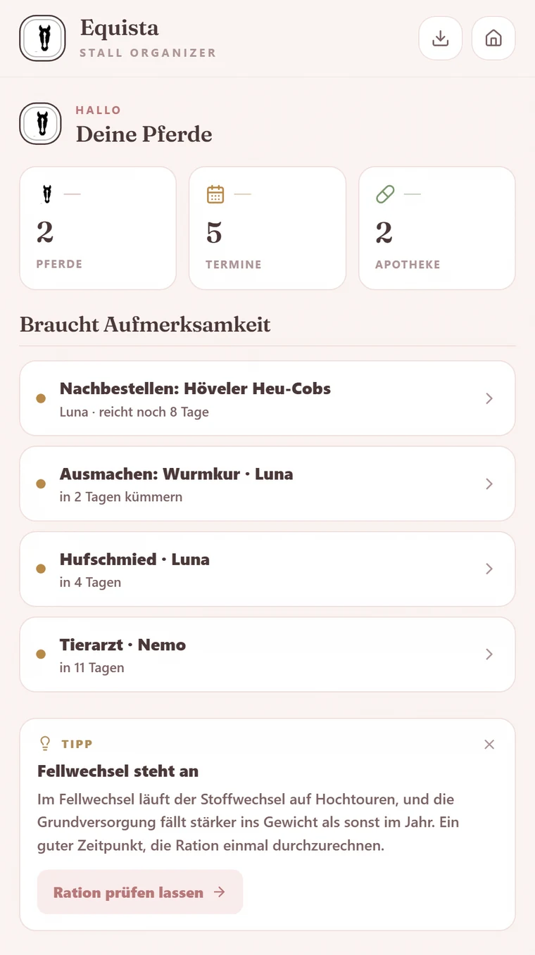 Der Stall Organizer auf dem Handy: die Liste, was heute Aufmerksamkeit braucht